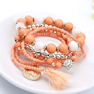 Multilayer Coral Bead Fringe Tassel Coin Bracelet